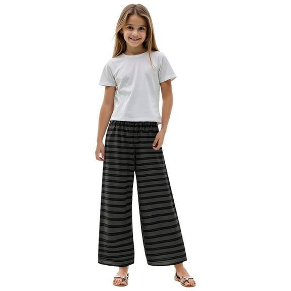Gubotare Girls Pants Girls Wide Leg Pants Flowy Palazzo Cotton Linen Pants for Kids High Waisted Lounge Trousers Tween Girls Trendy Clothes (Dark Gray,Size 8-9 Years)