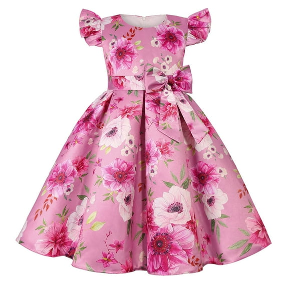 Gubotare Girls Party Dress Girls Dresses Summer Ruffle Sleeve Round Neck Twirl Birthday Party Dress with Pockets (Hot Pink,Size 5-6 Years)