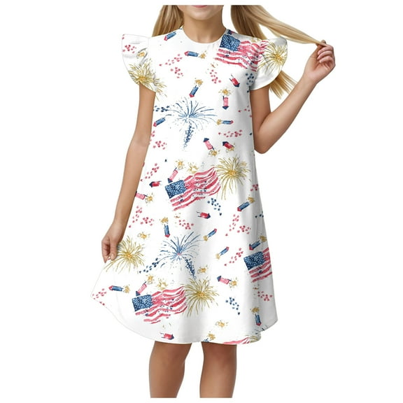 Gubotare Girls Patriotic Memorial Day Dresses Toddler Girl Dresses Flutter Sleeve Summer Clothes School Outfit Girls Casual Swing Ruffle Dress (Red,Size 5-6 Years)