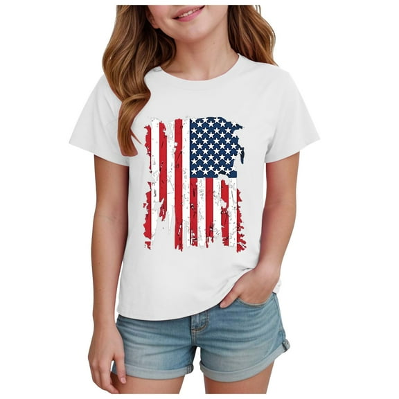 Gubotare Girls Patriotic Shirt Graphic Tees for Girl Print Short Sleeve Round Neck T Shirts Tops (White,Size 13-14 Years)