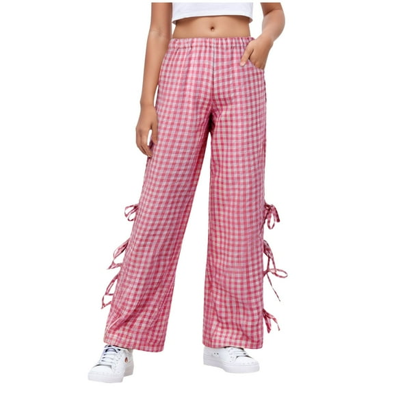 Gubotare Girls' Plaid Wide Leg Pants Loose High Waist Elastic Waist Trousers Trendy Slant Pocket Sweatpants (Hot Pink,Size 9-10 Years)