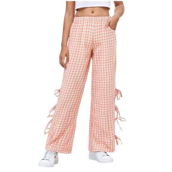 Gubotare Girls' Plaid Wide Leg Pants Loose High Waist Elastic Waist Trousers Trendy Slant Pocket Sweatpants (Pink,Size 5-6 Years)