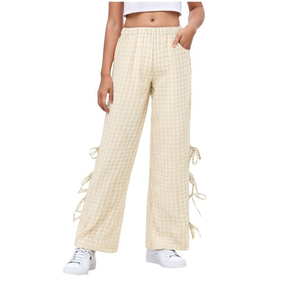 Gubotare Girls' Plaid Wide Leg Pants Loose High Waist Elastic Waist Trousers Trendy Slant Pocket Sweatpants (Yellow,Size 5-6 Years)
