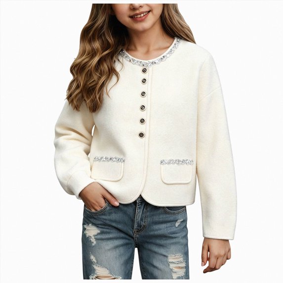 Gubotare Girls Pretty Cardigans Sweater Girls Cardigan Kids School Uniform Sweater Knit Girls Sweaters Button Crewneck Toddler Cardigans Size 13-14 (White,13-14 Years)