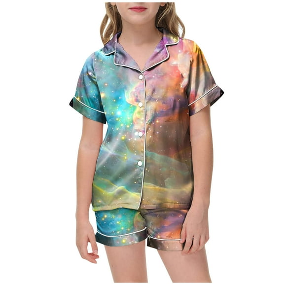 Gubotare Girls' Pyjama Sets Girls Ruffle Short Sleeve Button Front Top with Ruffle Short, 2-Piece Pajama Set,Beige 6-7 Years