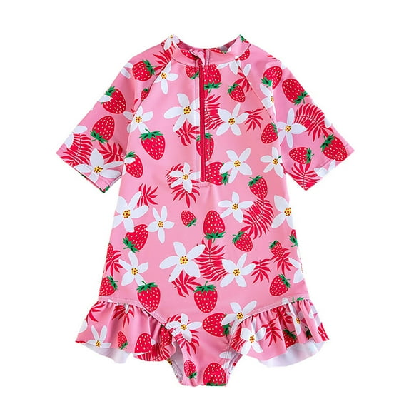 Gubotare Girls Rash Guard Swimsuit Girls Short Sleeve Zipper Rash Guard 1 Piece UPF 50+ Sun Protection Size 4-5T (Pink,4-5 Years)