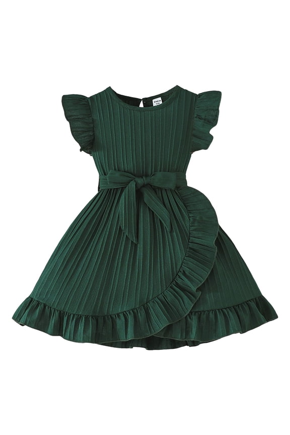 Girls Ruffle Sleeve Dress Girls Short Sleeve Skater Dress Soft Cute Designs Spring Summer Size 4-5T (Dark Green,4-5 Years)