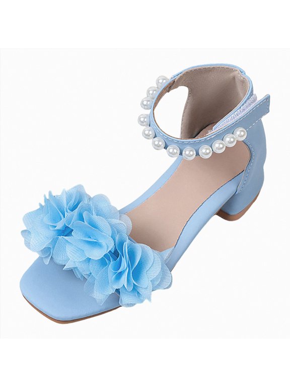 Girls Sandals Sandals for Girls Dress Shoes Flower Girl Shoes Open Toe Ankle Strap Block Chunky Heels for Toddler Little Big Kids Low Wedge Sandals for Wedding Party Size 2 (Blue,Big Kids 2)