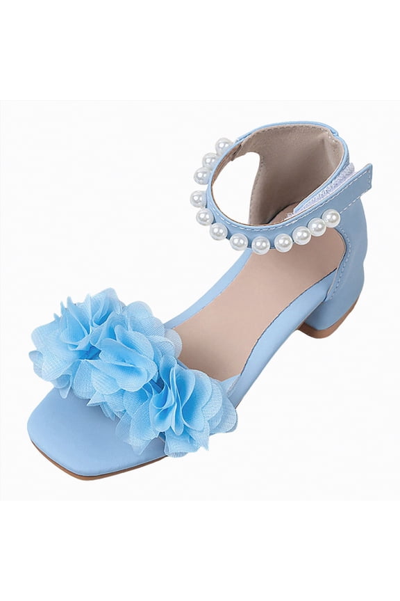 Girls Sandals Sandals for Girls Dress Shoes Flower Girl Shoes Open Toe Ankle Strap Block Chunky Heels for Toddler Little Big Kids Low Wedge Sandals for Wedding Party Size 2 (Blue,Big Kids 2)