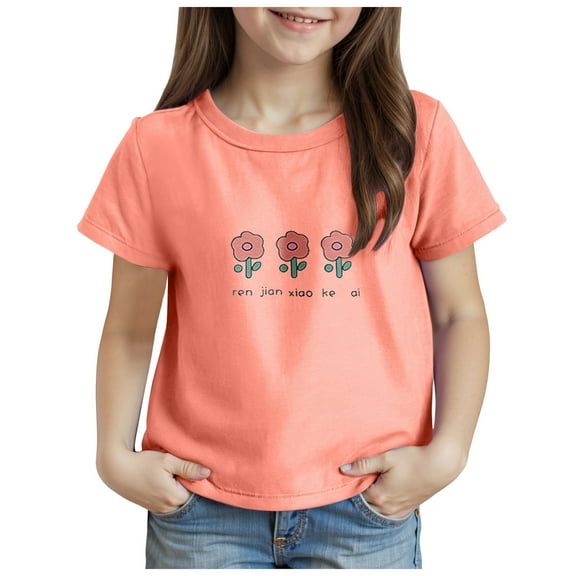 Gubotare Girls Shirts Trendy Girls' Tees Short Sleeve T Shirt Casual Graphic Summer Crewneck Tops (Orange,Size 4-5 Years)