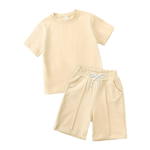 Gubotare Girls' Short Sets Baby Girl Summer Clothes Toddler Outfits Color Block Letter T-Shirts Tops Shorts Sets 3T 4T (Beige,3-4 Years)