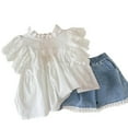 thumbnail image 1 of Gubotare Girls' Short Sets Baby Girls Shorts Outfits Girls Spring Summer Clothing Set Sweet Floral Element Short Sleeve T-shirt Ripped Denim Shorts 2PCs Set 5T 6T (White,5-6 Years), 1 of 5