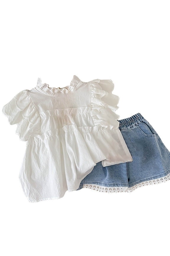 Girls' Short Sets Baby Girls Shorts Outfits Girls Spring Summer Clothing Set Sweet Floral Element Short Sleeve T-shirt Ripped Denim Shorts 2PCs Set 5T 6T (White,5-6 Years)