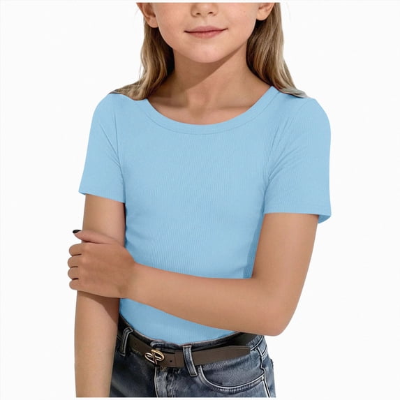 Gubotare Girls Short Sleeve T-Shirts Kids Rib Knit Slim Fit Tops Summer Fashion Crewneck Tees 5T-6T,Light Blue