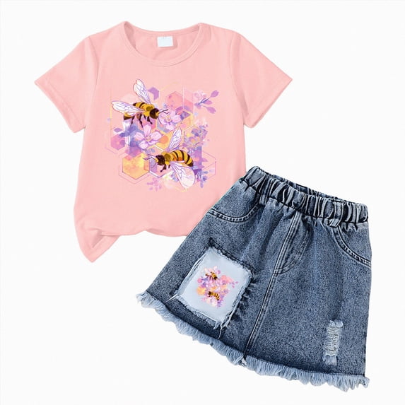 Gubotare Girls Skirt Outfit Spring Girls 2 Piece Outfit Top Shirt Summer Skirts Set Size 6 (Pink,6 Years)