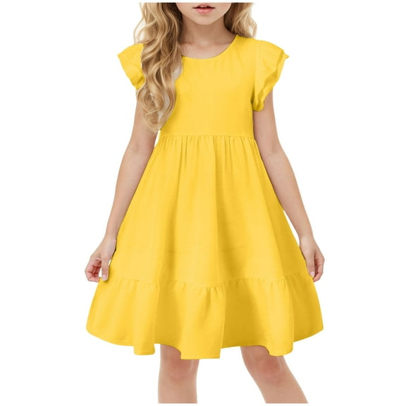 Gubotare Girls Summer Dresses Casual Baby Toddler Girl Dress Short Sleeve Ruffle Playwear Dresses (Yellow,Size 5-6 Years)