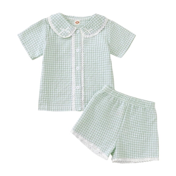 Gubotare Girls Summer Pajamas Kids Toddler Baby Girl Pajamas Set Girls Roller Preppy Button Down Shorts Summer Pjs (Green,Size 12-18 Months)