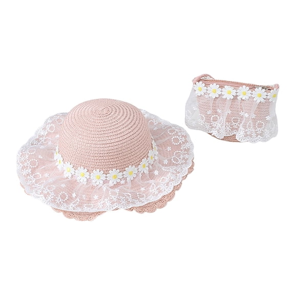 Gubotare Girls Sun Hat 2 Pcs Girls Summer Straw Hat with Shoulder Bag Set Wide Brim Straw Sun Cap UV Protection Cute Lace Design Beach Hat (Pink,Size 2-8 Years)