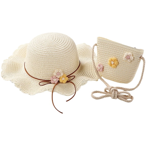 Gubotare Girls Sun Hat Girls Sweet Lace Bowknot Summer Sunblock Straw Hat with Crossbody Bag Wide Brim Outdoor Beach Sun Protection Bucket Hat (Light Yellow,Size 2-8 Years)