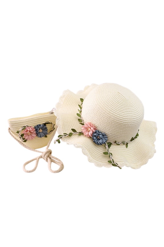 Girls Sun Hat Girls Sweet Lace Bowknot Summer Sunblock Straw Hat with Crossbody Bag Wide Brim Outdoor Beach Sun Protection Bucket Hat (White,Size 2-8 Years)