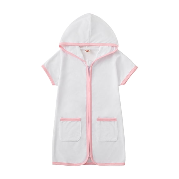 Gubotare Girls Swimsuit Coverup Girls Hooded Cover Up Swimsuit Zipper Swim Dress Short Sleeve Ruffle Coverups Bathing Suit Swimwear Size 2T 3T (White,2-3 Years)