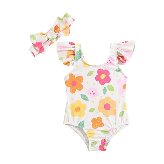 Gubotare Girls Swimsuit One Piece Little Girls One Piece Swimsuit Ruffle Sling Swimwear Size 6-12 Months (White,6-12 Months)