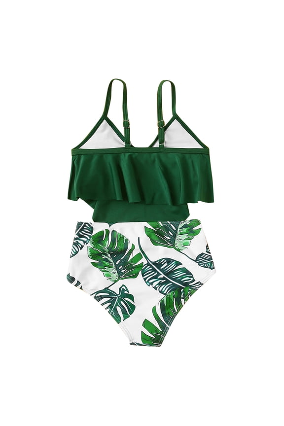 Girls' Swimwear Girl's Tropical Print Bikini Set Sport Bathing Suit 3 Piece Swimsuit with Shorts (Green,5-6 Years)