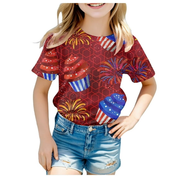 Gubotare Girls T Shirts American Heart Flag Girls 4th of July Shirt Memorial Day Patriotic Red White and Blue Toddler Kids Fitted T-Shirt 6T 7T, 6-7 Years