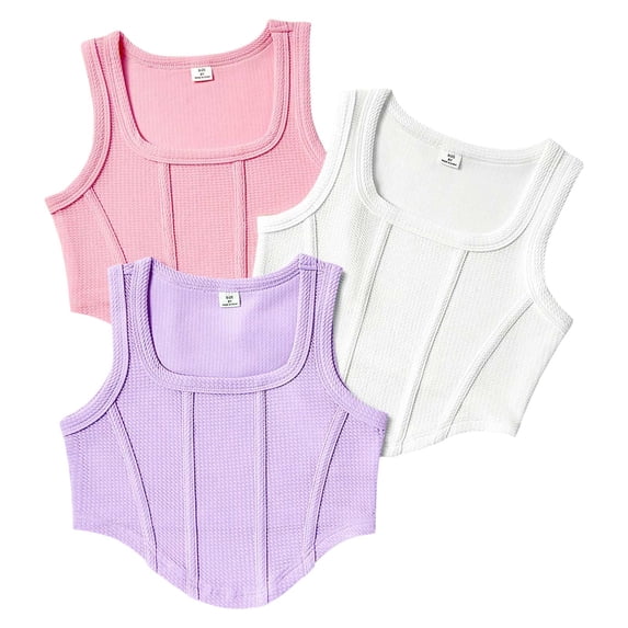 Gubotare Girls Tank Tops Athletic Girls' Summer Vest Sleeveless with Flower Ruffles and Stripe Print 3 Pack Size 10-12 (Pink,11-12 Years)