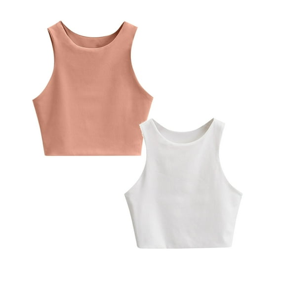 Gubotare Girls Tank Tops Kids Athletic Tank Knit High Neck Crop Tops for Gym Yoga 2 Pack 11-18 Years,White/Orange 15-16 Years