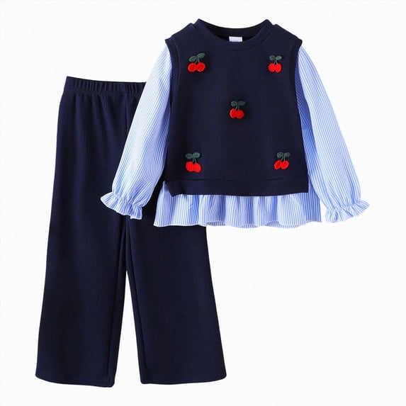 Gubotare Girls Toddler Outfits Sets Girls' Top & Pants Set Straight Leg Pants Long Sleeve Round Neck School & Everyday Wear 5T 6T (Navy,5-6 Years)