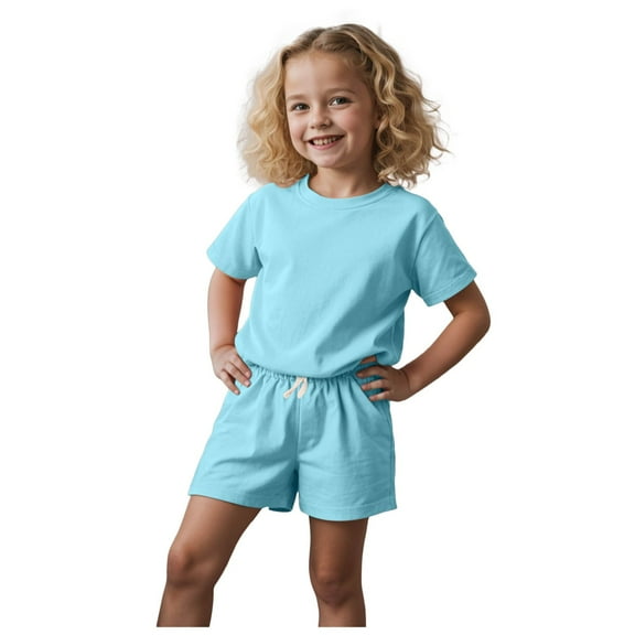 Gubotare Girls Tropical Outfit Girls 2025 Summer Clothes Sets Kids Colorblock Matching Outfits 2T 3T (Sky Blue,2-3 Years)