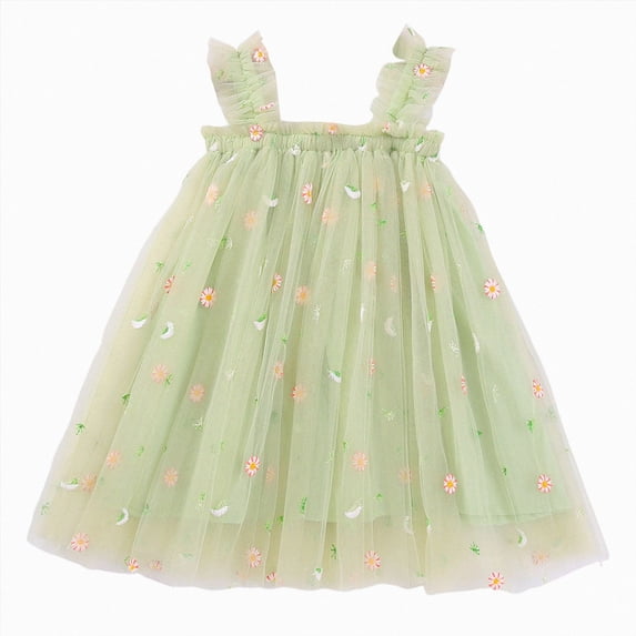 Gubotare Girls Tulle Dress Princess Toddler Girl Dress Strap Smocking Sundress 5T 6T (Green,5-6 Years)