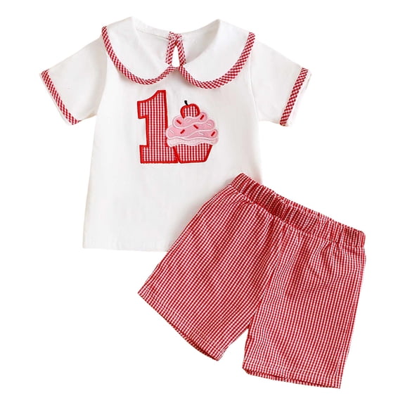 Gubotare Girls Two Piece Outfits Toddler Girls Outfits Baby Print Short Sleeve T-Shirt Shorts Solid Set Clothing Set for Girls (Red,Size 6-12 Months)