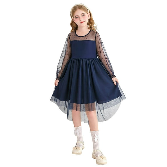 Gubotare Girls Wedding Guest Dress Flower Girl Dress V-Back Long Sleeve Dresses Girls Tulle Dress for Wedding with Bow-Knot (Blue,Size 3-4 Years)