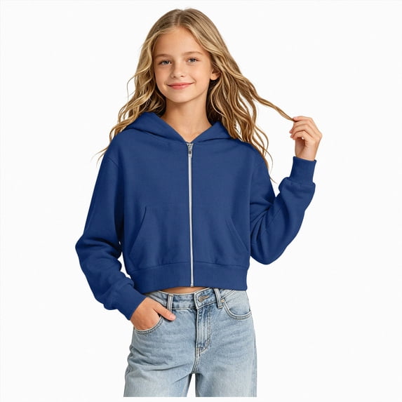Gubotare Girls Zip Up Hoodies Cropped Sweatshirt Lightweight Hooded Fall Jacket Teen Girl Back to School Outfits 5-14 Years (Blue, 11-12 Years)