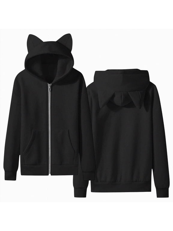 Girls Zip Up Hoodies Size 10-12 Fall Cute Cat Ear Oversize Hoodie Jackets Casual Long Sleeve Hood Sweatshirt Coat (Black, 11-12 Years)