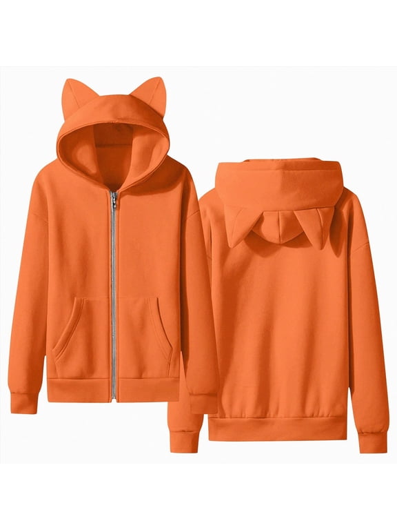 Girls Zip Up Hoodies Size 10-12 Fall Cute Cat Ear Oversize Hoodie Jackets Casual Long Sleeve Hood Sweatshirt Coat (Orange, 9-10 Years)