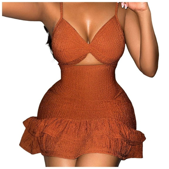 Gubotare Going Out Dresses for Women Women's Spaghetti Strap Mini Dress Ruched Corset Tiered Ruffle Hem Sexy Backless Party Club A Line Short Dresses (Brown,Size XL)