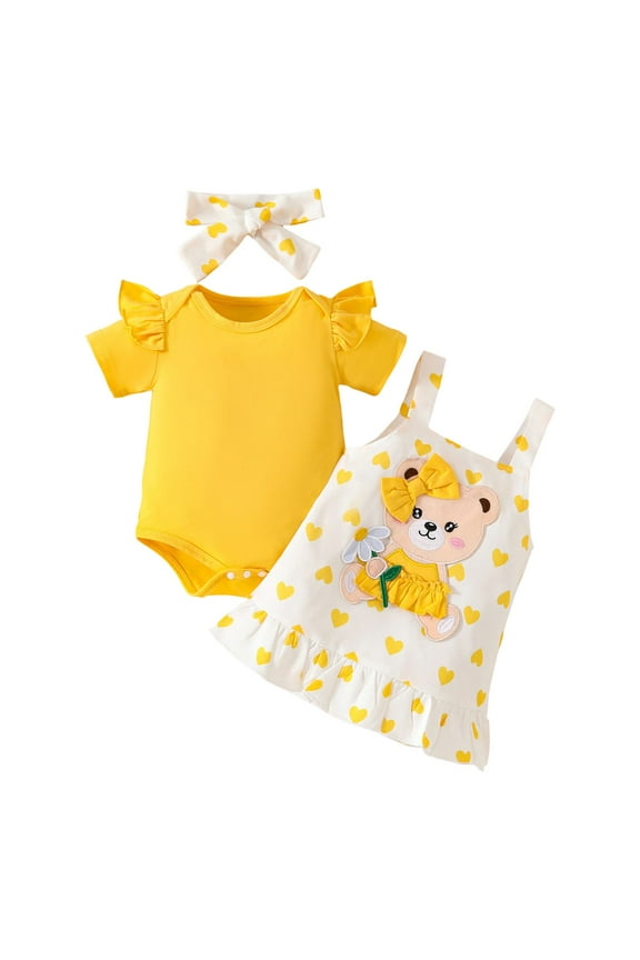Going Home Outfit Baby Girl Baby Girl Clothes Suspender Skirt Ruffled Romper + Jeans Dress + Headband Summer Outfits 0 3 6 9 12 18 24 Months (Yellow,Size 3-6 Months)