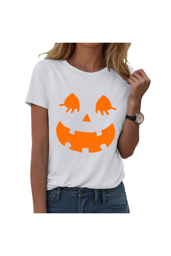 Halloween Costumes for Women Funny Pumpkin Printed Cute T Shirts Orange Graphic Tops Fall Tee Fashion Gift Women's Autumn Pumpkin Print (White,S)