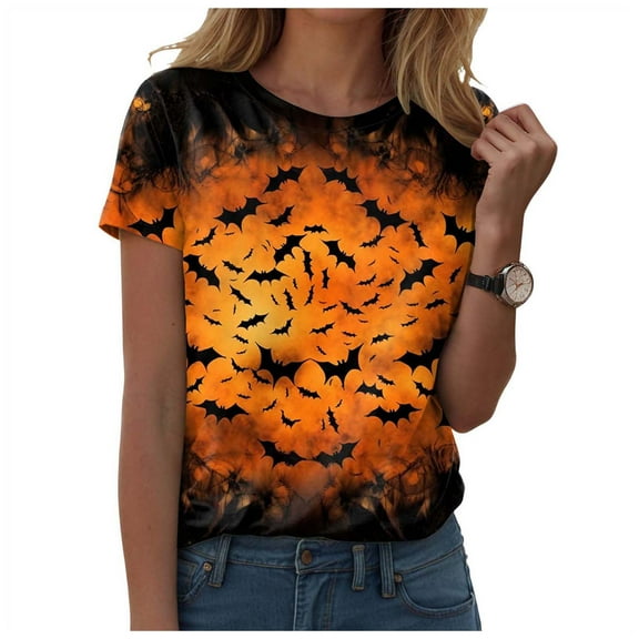 Gubotare Halloween Shirt Women Letter Print Graphic Plus Size Fall Tees Tops Halloween T Shirts for Women (Orange,L)