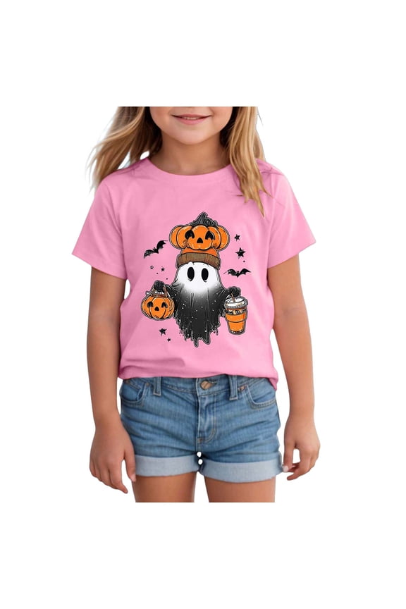 Halloween Shirts for Girls T-Shirt Kid Spooky Season Outfit Boho Short Sleeve Tees Fall Tops Short Sleeve Halloween Shirt Toddler (Pink,11-12 Years)
