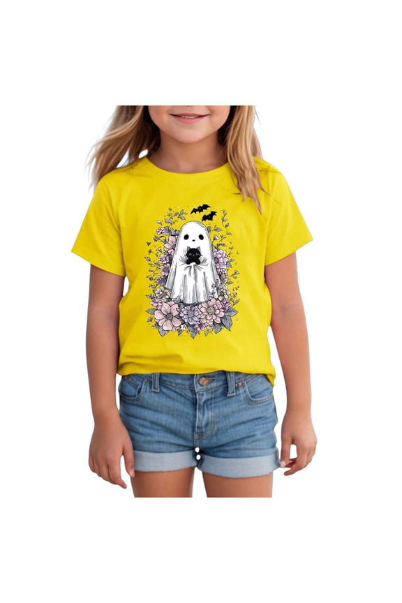 Halloween Shirts for Toddler Baby Boys Girls Spooky Season T-Shirt Kids Cute Graphic Tees Short Sleeve Tops Kids Pumpkin Shirt (Yellow,13-14 Years)