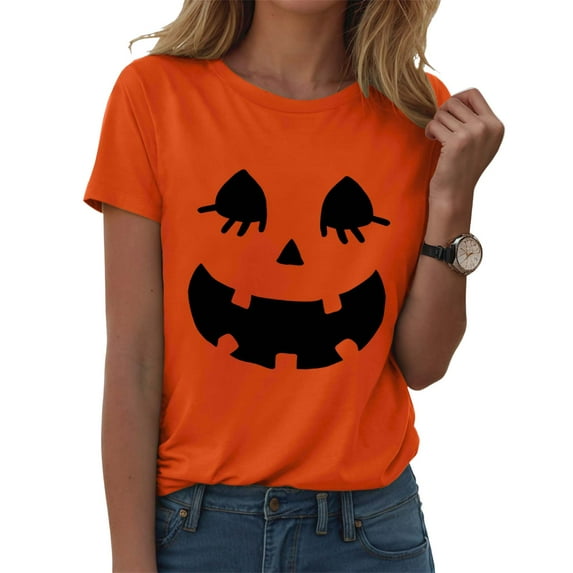 Gubotare Halloween Shirts for Women 2025 Fall Shirt Crew Neck Funny Ghost Graphic Tees Short Sleeve Cute Thanksgiving Tops Halloween-Themed Shirt for Women (Orange,L)
