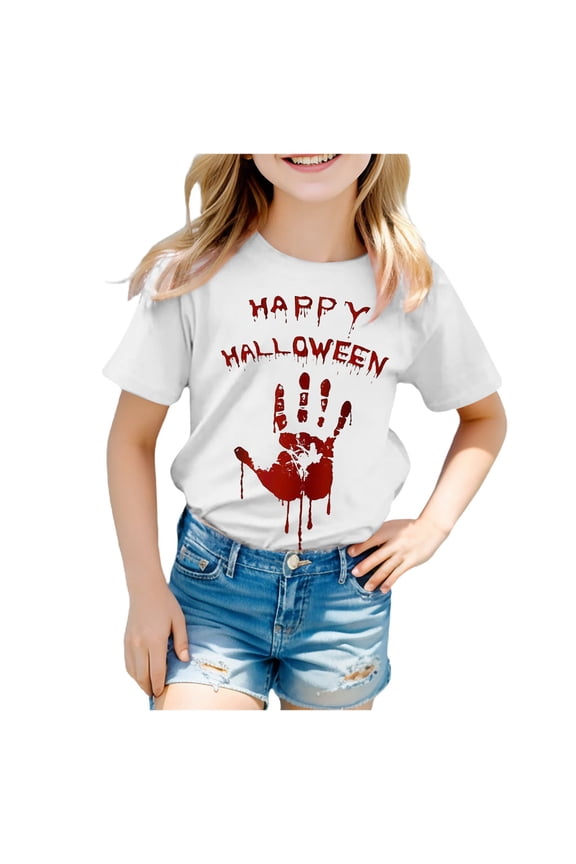 Halloween Shirts for Girls T-Shirt Kid Spooky Season Outfit Boho Short Sleeve Tees Fall Tops Shirt Baby Girl (White,4-5 Years)