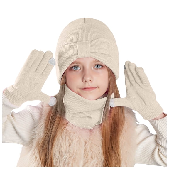 Gubotare Hat Gloves Scarf Set Kids Kids Winter Hat Gloves Scarf Set Toddler Winter Beanie with Pom Knit Neck Warmer Fleece Lined Gloves for Boys Girls (Beige,One Size)