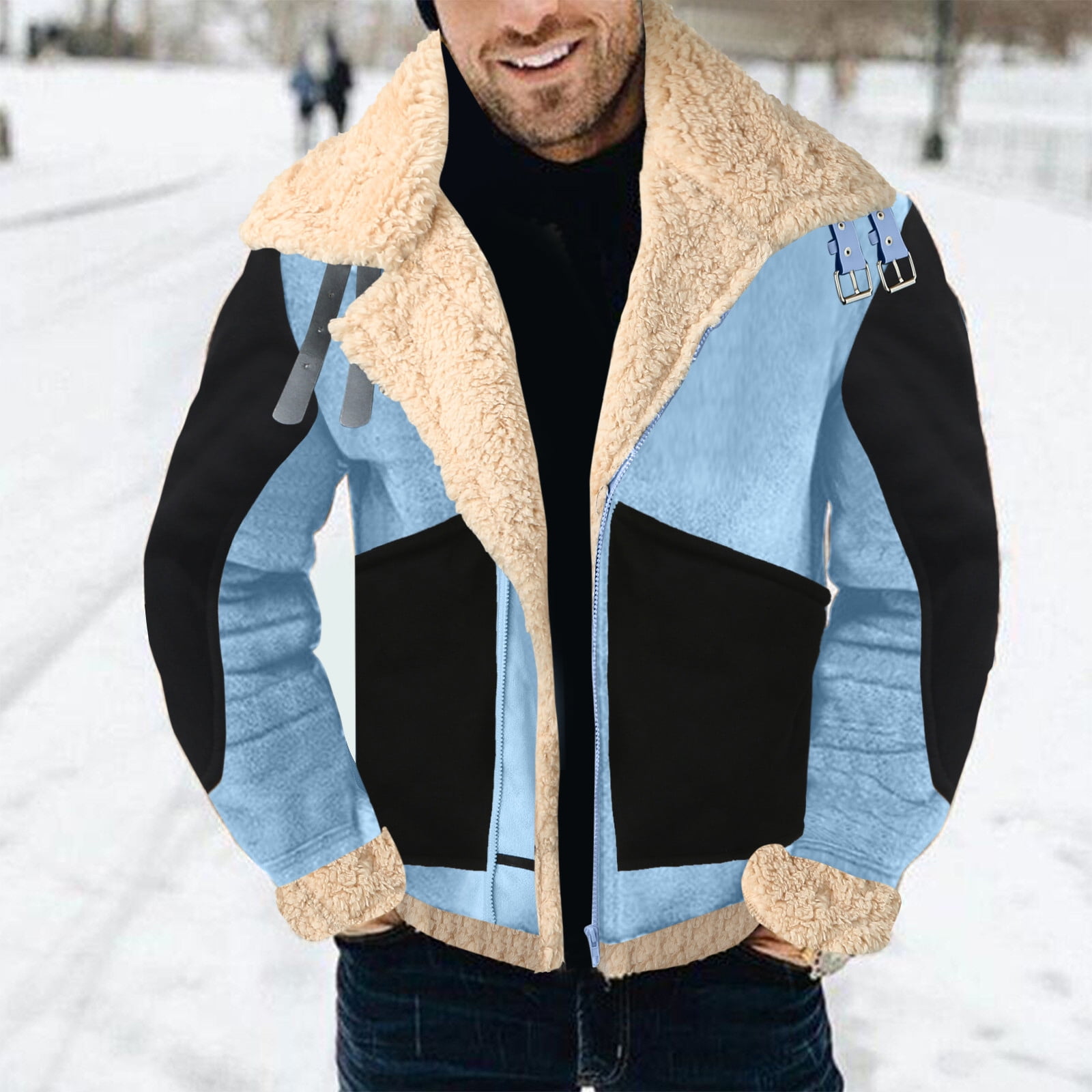 Blue leather jacket with fur outlet collar