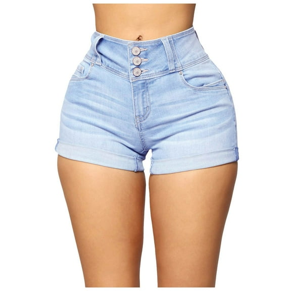 Gubotare High Waisted Denim Shorts Women Plus Size Women's Ripped Denim Jean Shorts High Waisted Stretchy Folded Hem Short Jeans (Light Blue,Size XXL)