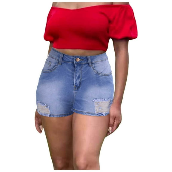 Gubotare High Waisted Jean Shorts Women Women's Denim Shorts Star Distressed Trim Straight Leg High Waist Jean Shorts (Light Blue,Size M)